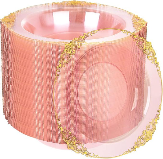 100PCS Clear Pink Plastic Bowls - 12 oz Pink Gold Disposable Salad Bowls - Heavy Duty Disposable Soup Bowl - Fancy Plastic Ice Cream Bowl for Weddings Parties Dinners Picnics
