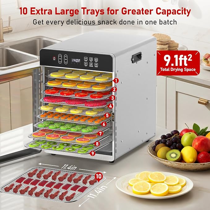10-Tray Dehydrator, 9.1ft², 800W, 194°F & 24H Timer for Jerky, Fruit, Meat | Large Capacity Stainless Steel Commercial Food Dehydrator 24H Time Control