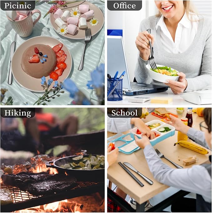 Travel Utensils with Case, Stainless Steel Portable Cutlery Set for Camping Picnic, Lunch Box Silverware for Work, Reinforced Case with Snap-Lock Closure, Include Fork Spoon Knife Chopsticks, Black