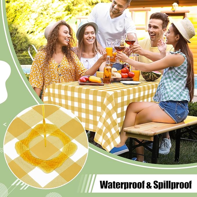 6 Packs Buffalo Disposable Table Cloth, 54 x 108 Inch Waterproof Plastic Tablecloth, Rectangle Gold and White Checkered Table Covers for Picnic, Birthday, Party, Back to School