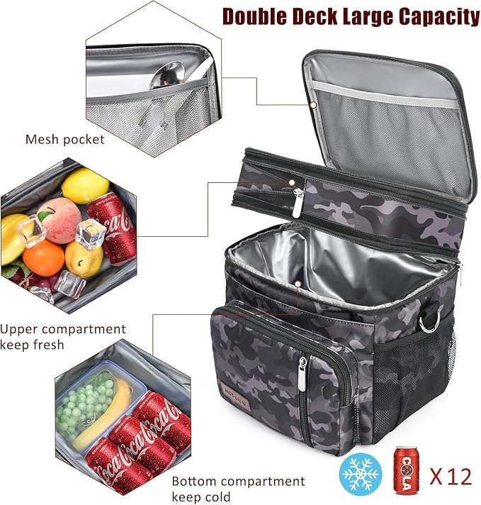 MIYCOO Lunch Bag for Men & Women, Expandable Double Deck Lunch Box, 15L | Leakproof & Waterproof, Portable, Large Soft Insulated Cooler bag for Adult, Work, Camping, Beach, Picnic, Travel