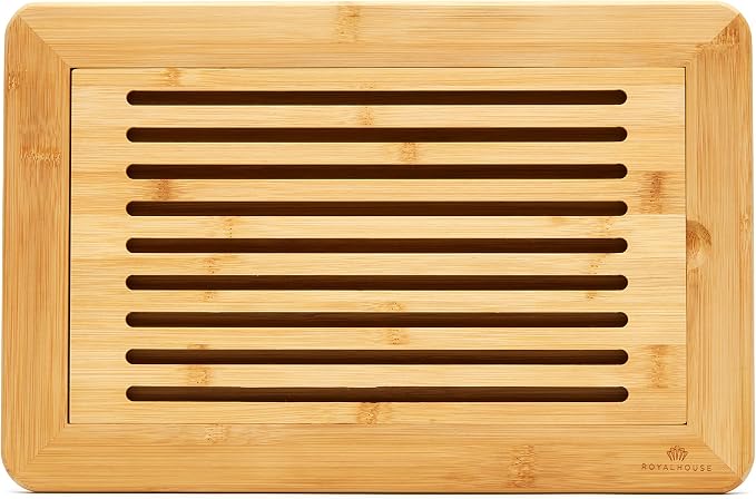 RoyalHouse Large Premium Natural Bamboo Bread Cutting Board with Crumb Tray, Bread Serving Tray for Kitchen | Bread Serving Tray for Kitchen, Ideal for Slicing Loaves, Catching Crumbs, and Elegant Countertop Presentation