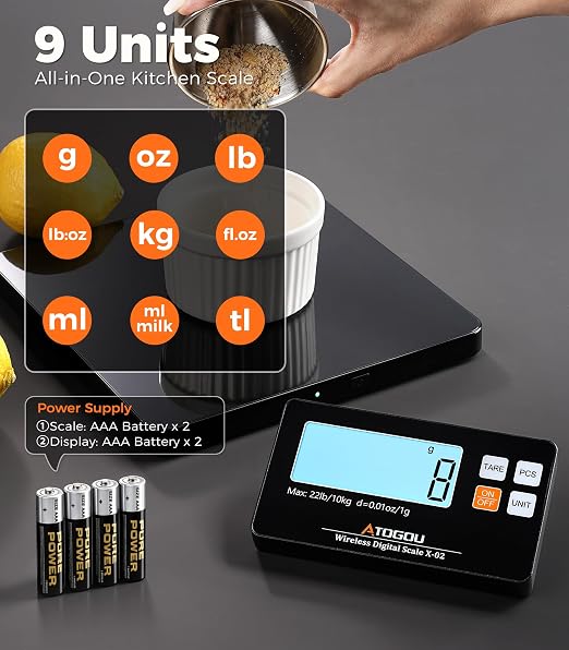 Atogou Wireless Kitchen Scale, 22lb/10kg Food Scale with Detachable Display & Larger Platform, 0.01oz/1g, 9 Units, Counting Function, Stainless Steel, for Cooking, Baking, Shipping, Black