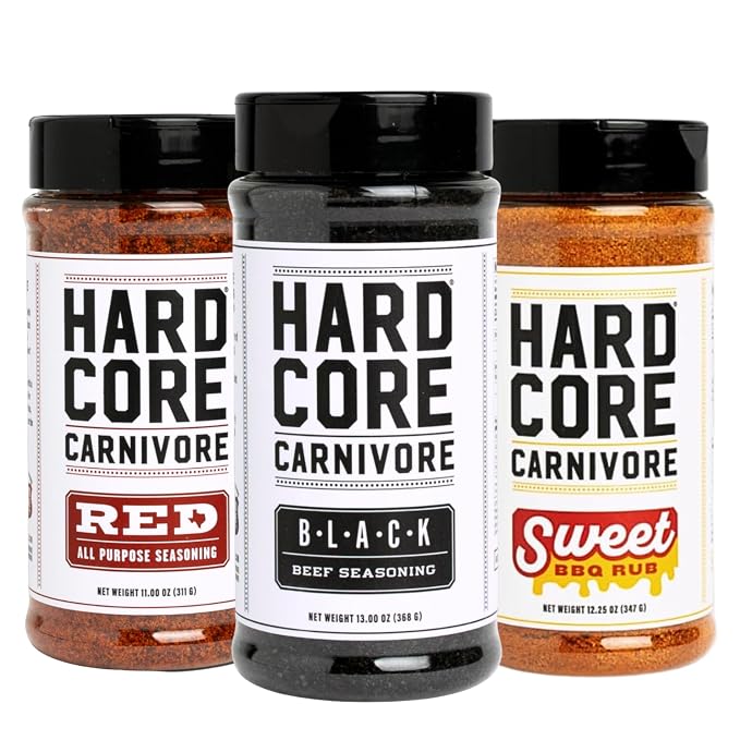 Hardcore Carnivore Texas BBQ Rub Gift Set, Best Sellers Collection, 3 Pack | Includes Black, Red and Sweet BBQ rubs. Gluten free with no MSG or artificial colors for grilling, smoking & cookouts.