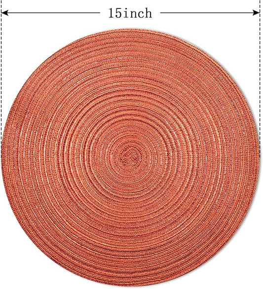 FunWheat Round Braided Placemats Set of 6 Place mats for Dining Tables Woven Heat Resistant Table Mats 15 inch for Fall(Orange)