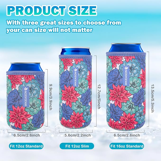 WKieason Neoprene Can Sleeves Insulators Beer Coozies 3 Size - 12OZ Standard Can Sleeve, 12OZ Slim Can Sleeve, 16OZ Standard Can Sleeve, 12OZ Standard Beer Can Coolers Coolier Sleeves(Succulents Set)
