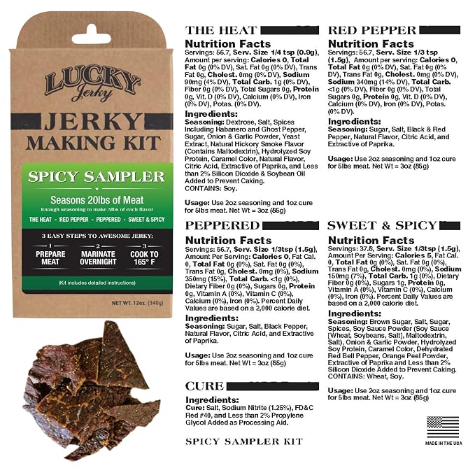 Lucky Jerky Ultimate Spicy DIY Beef Jerky Seasoning and Cure Kit, 12 Oz | Make Your Own with The Heat, Red Pepper, Black Pepper, and Sweet & Spicy, Seasons 5 lbs per Flavor, 20 lbs Total
