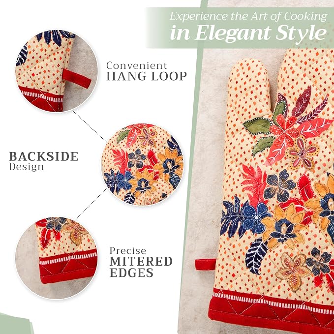 Maison d' Hermine 100% Cotton Oven Mitt & Pot Holder Set (7.5"x13" & 8"x8") | Heat Resistant BBQ Cooking Gloves with Loop Baking Grilling Kitchen Hotel Home Farmhouse Thanksgiving Christmas - Kalahari