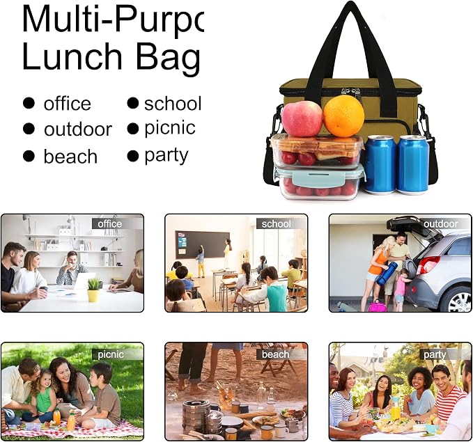 Lunch Bags for Women/Men, Insulated Lunch Bag for Work Office Picnic - Lunch Cooler Bag Leakproof Lunch Box with Adjustable Shoulder Strap - Khaki