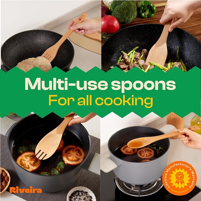 Riveira Cherry Wooden Spoons for Cooking Set of 6 – Natural Cherry Wooden Cooking Utensils, Wooden Spatula, Wooden Spoon - Premium Quality Utensil Set for Non-Toxic Cooking