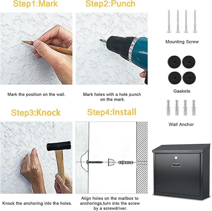 xydled Mail Boxes with Key Lock,Locking Mailbox Wall Mounted, Large Capacity, Galvanized Steel Cover Metal Postbox for House, 14 X 12.5 X 4.25 Inch, Grey