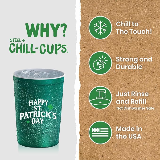Steel Chill Cups 16 oz. Party Cups, St. Patrick's Day, Green, 12 Count | Made in USA from Steel these durable cups chill fast & keep your drink cold for longer, 100% recyclable for sustainablity