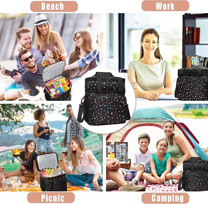 GLENKEY Expandable Lunch Box Cooler Bag - Insulated Soft Lunch Bag for Men Women - Large Lunchbox for Adults Work Camping Outdoor Travel Polka Dots 16L
