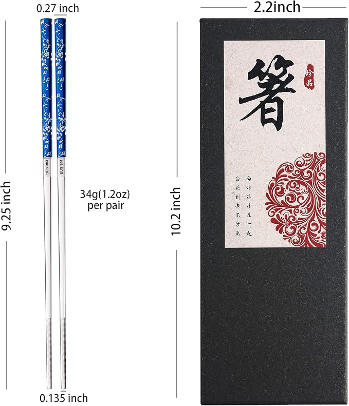Titanium Plated Chopstick Stainless Steel Chopsticks Metal Chopsticks Reusable Dishwasher safe Premium Laser Engraved Chop Sticks for Eating 2 Pairs Gift Set Blue Silver