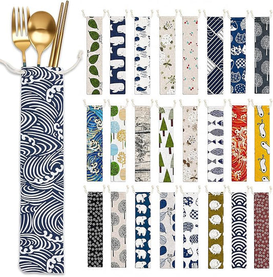 Outus 50 Pcs Straw Carrying Case Chopstick Case, Reusable Utensil Pouch Portable Travel Canvas Bag for Straws, Knife, Fork, Spoon, Chopsticks (Classic Blue Mix)