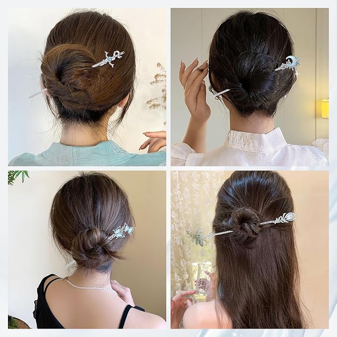 inSowni 8 Pieces Retro Vintage Asian Chinese Traditional Hanfu Fishtail Star Moon Butterfly Silver Metal Hair Sticks Long Hair Chopsticks Forks Bun Updo Holders Hairpins for Women Girls