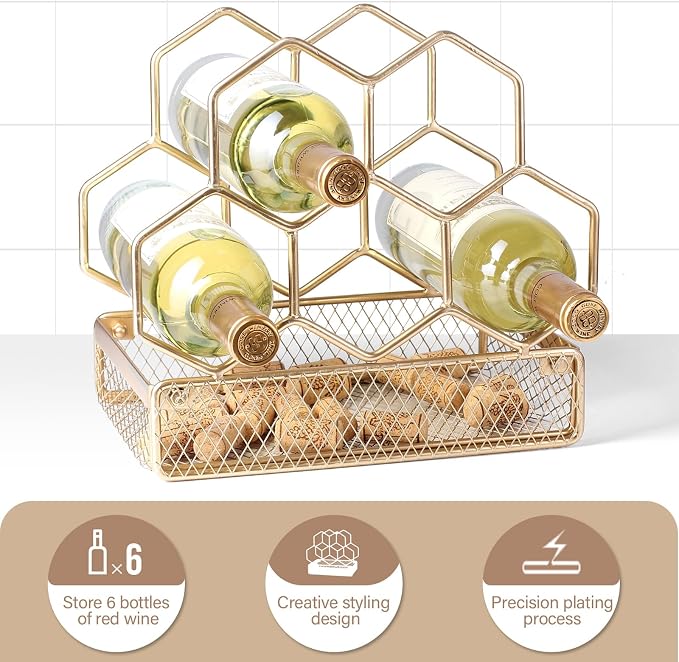Countertop Wine Rack - 6 Bottle with Cork Storage Freestanding Modern Gold Metal Wine Rack - Tabletop Wine Holder Stand for Cabinet, Pantry, Wine Bottle Storage…