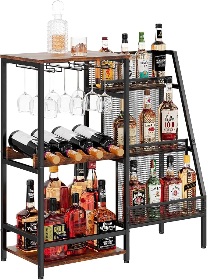 Versatile Liquor Stand for Home Bar, Wine Rack Freestanding Floor, Mini Bar Table for Liquor Whiskey Wine, 3-Tier Trapezoidal Liquor Bottle Display Shelf with Glass Holder and Fences(Patent Pending) | 3-Tier Display, 3 Glass Holder Rows, 4-Bottle Rack:...
