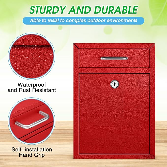 Yaocom Locking Mailbox with Key for Outdoor 12.2 x 8.5 x 3 Inches Large Wall Mount Mail Box with Lock Security Mail Drop Metal Collection Boxes Hanging Secure Postbox(Red)