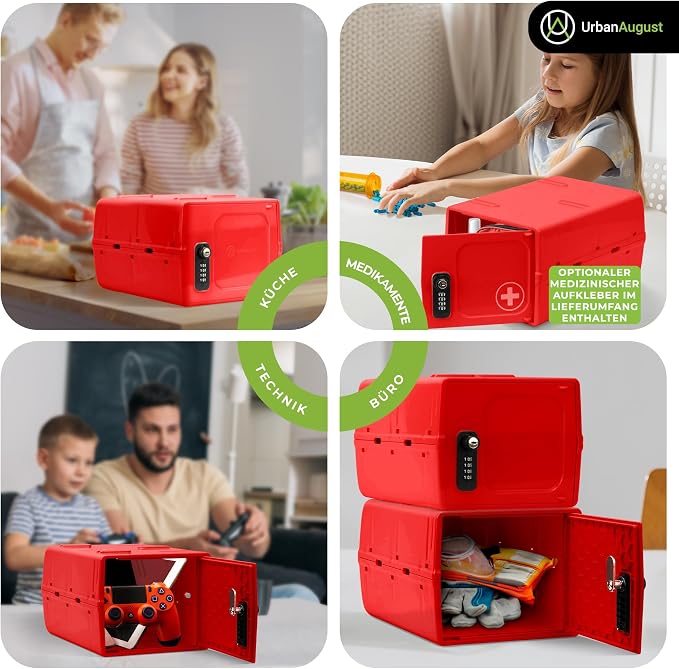 Dual Combination & Keyed Lockbox - Lockable Box for Everyday Use - Multi-Purpose lock for Home & Office Safety - Made of Industrial-Grade Plastic - One Size (Medical Red)