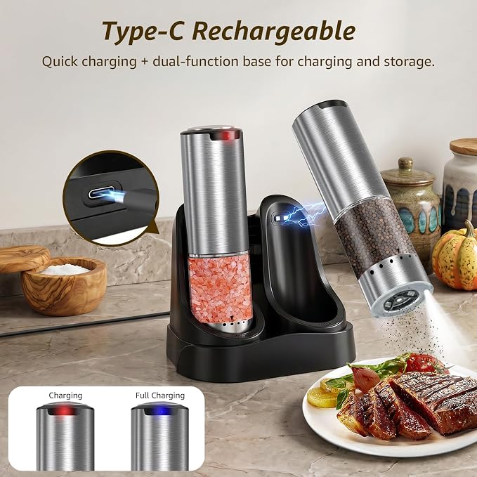 Electric Salt and Pepper Grinder Set Type-C Fast Charging, Automatic Salt and Pepper Shakers Adjustable Coarseness, Stainless Steel Rechargeable Salt and Pepper Grinder with LED Light