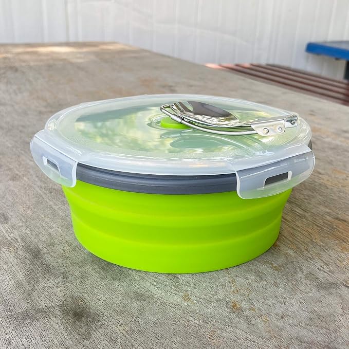 CCyanzi 1200ml Collapsible Camping Bowl Silicone Food Storage Container with Lid and Foldable Stainless Steel Fork Spoon, for Picnic, Travel, Camping, RV, Fridge and Microwave Bowls