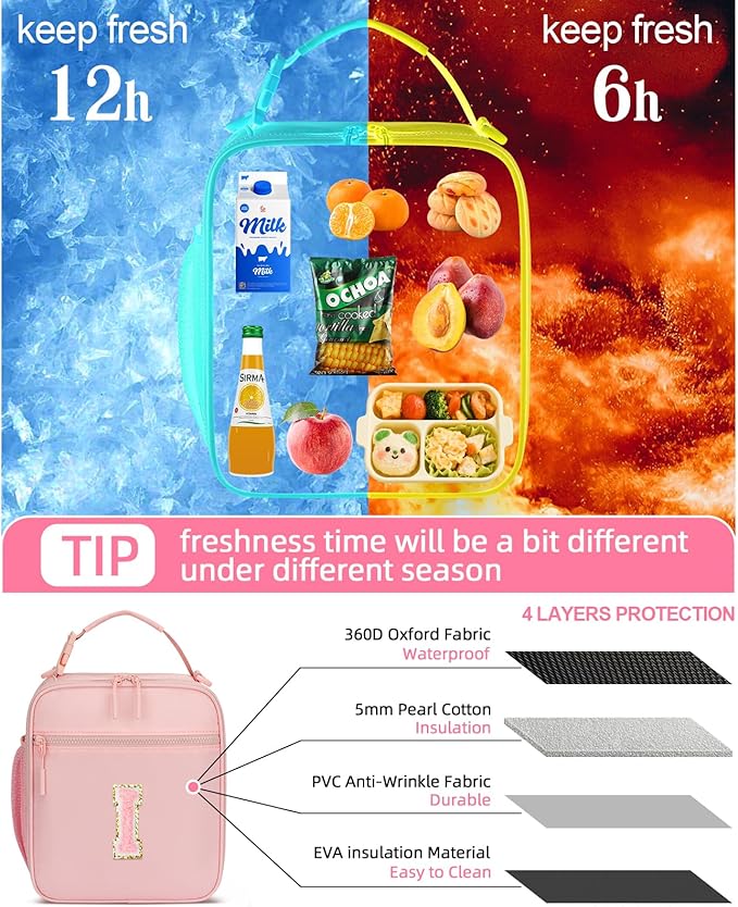 Initial Insulated Lunch Bag for Girls Kids, Back to School Gift, Reusable Leak-proof Lunch Box with Adjustable Strap for School Daycare Travel Picnic (Pink,I)