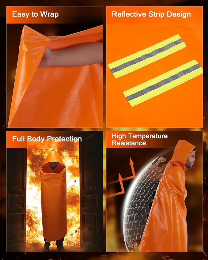 Emergency Fireproof Cloak with Hood – KANHIRO 1076°F Heat Resistant Fire Escape Poncho, Extra Large Silicone Coated Fire Blanket Cape for Home, Kitchen & Emergency