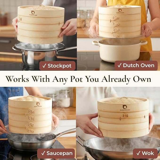 Bamboo Steamer Basket 10 Inch, Extra Deep Dumpling Steamer Set | Incl. Silicone Liners & Steel Ring, Steam Basket For Pot & Wok. Vegetable & Food Steamer For Dim Sum, Bao Buns