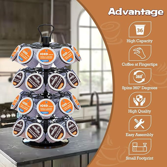 BLACKSMITH FAMILY 36 K Cup Pod Carousel Easy Assembly Design K Cup Holders,K Cup Holder, K Cups Holder,K Cup Carousel, 4-Tier Coffee Pods Holder Storage Organizer Stand,Glossy Black