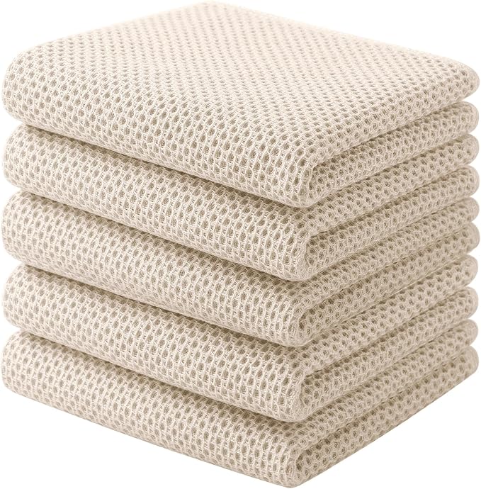 Homaxy 100% Cotton Waffle Weave Kitchen Towels, 5-Pack, Beige | 13 x 28 Inches, Ultra Soft Absorbent Dish Towels, Quick Drying Cleaning Towels