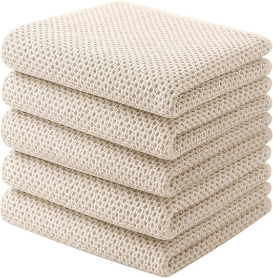 Homaxy 100% Cotton Waffle Weave Kitchen Towels, 5-Pack, Beige | 13 x 28 Inches, Ultra Soft Absorbent Dish Towels, Quick Drying Cleaning Towels