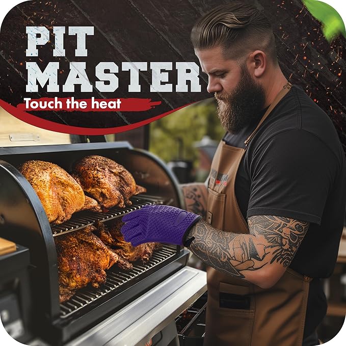 KITCHEN PERFECTION XL Silicone Smoker BBQ Gloves -Heat Resistant Oven Mitts | Waterproof, 5-Finger Design For A Better Grip, for Pitmasters, Meat Smoking, Grilling, Cooking, Frying Turkey | Grill Gift