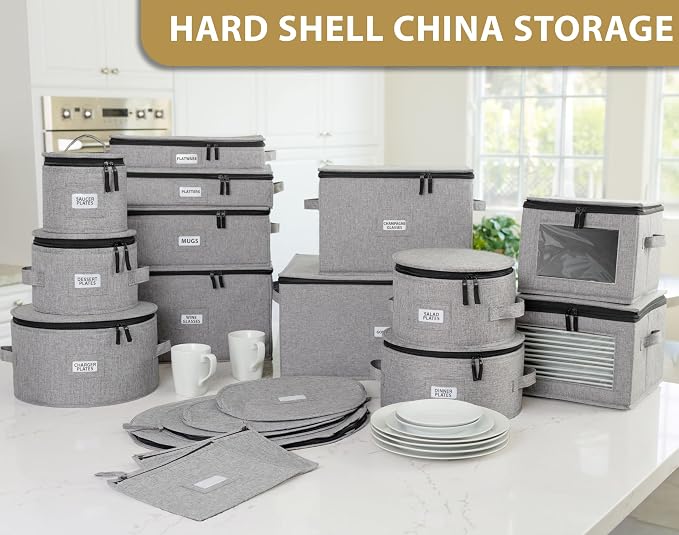 Stack Store Plus More 5PC China Storage Cases for Dinnerware - 13"-12"-10"-8.5" and 7" wide - 60 Plate Separators Included