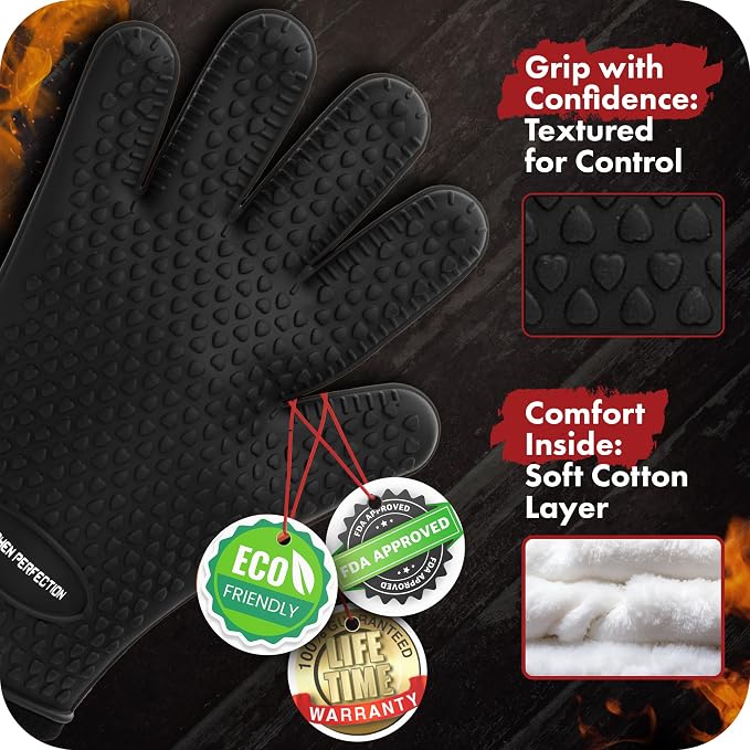 KITCHEN PERFECTION Silicone Smoker BBQ Gloves - Heat Resistant Oven Mitts | Waterproof, 5-Finger Design For A Better Grip, for Pitmasters, Meat Smoking, Grilling, Cooking, Frying Turkey | Grill Gift