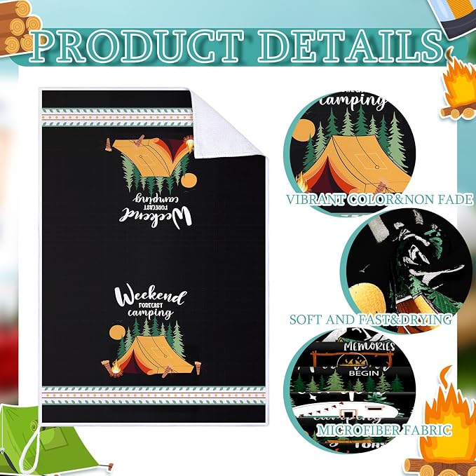 Boyiee 6 Pcs Camping Kitchen Towels Black Absorbent Dishcloth | Bonfire Tent Car Tea Towels with Funny Sayings 24 x 16 Inches Novelty Gifts for Rv Campers Happy Camper Accessories