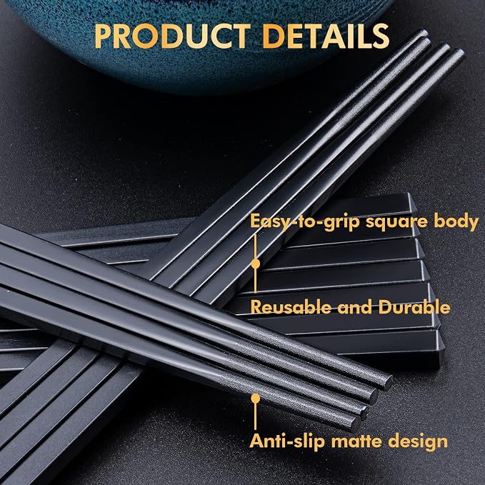 Fiberglass Chopsticks Set, 9.5 Inch, Pure Black, 5 Pairs | Dishwasher Safe, Reusable, Japanese Chinese Style, Non-Slip, Easy to Use
