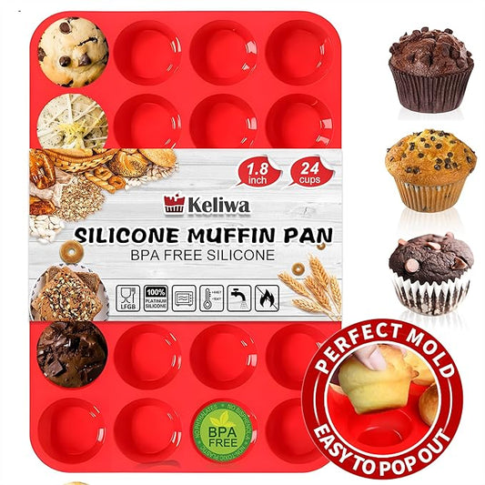 24 Cup Silicone Mini Muffin Pan,Nonstick Food Grade Silicone Baking Cups, Great for Making Muffin Cakes, Tart, Bread- Just Pop Out