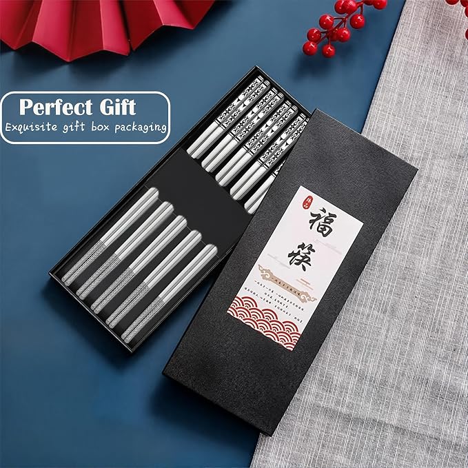 Metal Chopsticks Reusable 5 Pairs 18/8 Stainless Steel,Gift Box Set Silvery | Dishwasher Safe,Non-Slip,Square Lightweight,Boho Style