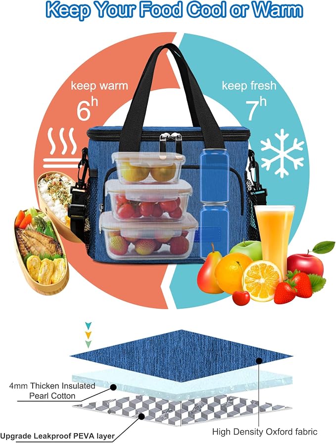 Lunch Bags for Women/Men, Insulated Lunch Bag for Work Office Picnic - Lunch Cooler Bag Leakproof Lunch Box with Adjustable Shoulder Strap - Blue