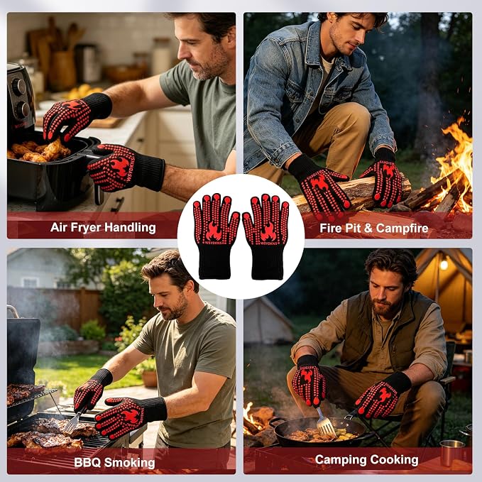 BBQ Gloves Heat Resistant 1472°F, Long Cuff Aramid Fiber Oven Mitts with Non-Slip Silicone, Grilling Gifts for Men, Dad, Husband, Smoker and Kitchen Cooking, Black/Red