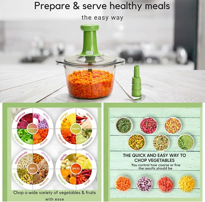 Brieftons Express Manual Food Chopper: Large 8.5-Cup, Hand Chopper Vegetable Cutter to Chop Veggies, Fruits, Herbs, Garlic Onion Chopper for Salsa, Salad, Pesto, Guacamole, Coleslaw, Indian Cooking