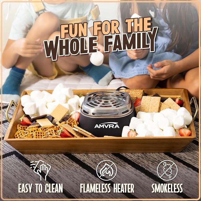 AMVRA Indoor Electric S'Mores Maker Smores Kit with 4 Stainless Steel Marshmallow Roasting Sticks and 4 Trays for Graham Crackers, Chocolate, and Marshmallows - Movie Night Supplies - Black