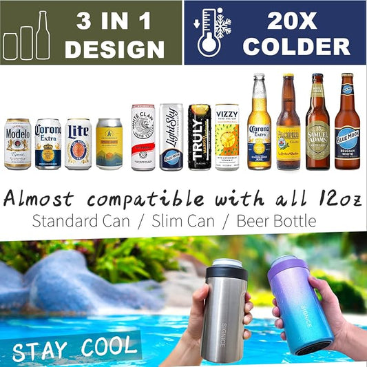 3 In 1 Insulated Universal Can Cooler - Signice Double Walled Vacuum Insulator Stainless Steel Slim Can Cooler for 12 Oz Skinny Tall Standard Regular Can Beer Bottle (Stainless)