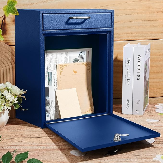Yaocom Locking Mailbox with Key for Outdoor 18 x 15 x 7 Inches Large Wall Mount Mail Box with Lock Security Mail Drop Metal Collection Boxes Hanging Secure Postbox(Dark Blue)