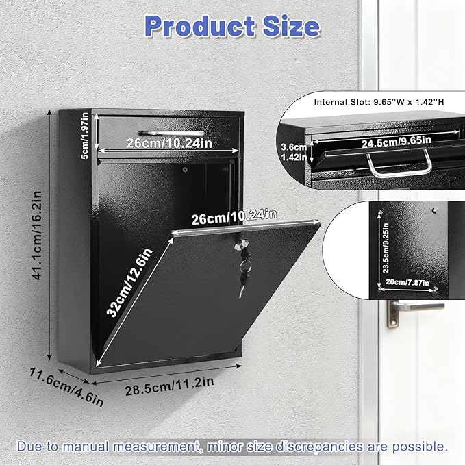 KYODOLED Steel Key Lock Mail Boxes Outdoor, Locking Wall Mount Mailbox, Security Lock Drop Box, Collection Boxes for Home, Office or Commercial,16.2H x 11.2L x 4.6W Inches, Black X Large