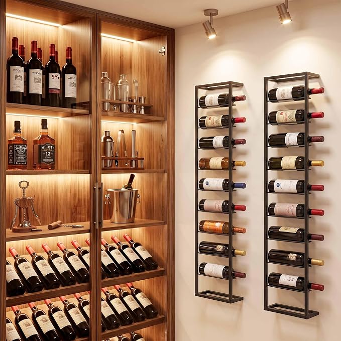 Wall Mounted Wine Rack: Metal Hanging 10 Bottle Wine Holder Liquor Storage | for Champagne & Magnum - Professional Grade for Wine Collectors - Rust-Resistant Matte Black Metal