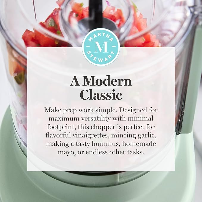 Martha Stewart 3 Cup Electric Vegetable Chopper & Mini Food Processor, Sage | 24oz BPA-Free Bowl, Stainless Steel Blades, Pour Spout, Dice, Puree, Mince, Chop Vegetables & Herbs, Dishwasher-Safe Parts