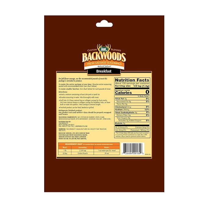 LEM Products Backwoods Reduced Sodium Breakfast Sausage Seasoning, 8 oz | Pre-Measured Seasoning for Wild Game and Domestic Meat, Seasons Up to 25 Pounds of Meat for Homemade Patties and Sausages