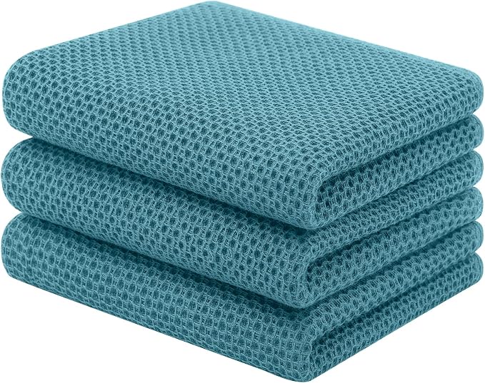 Homaxy 100% Cotton Waffle Weave Kitchen Towels, 3-Pack, Lake Blue | 13 x 28 Inches, Ultra Soft Absorbent Dish Towels, Quick Drying Cleaning Towels